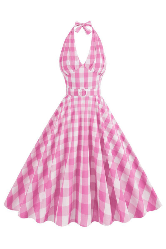 Halter Plaid Sleeveless 1950s Dresses with Belt
