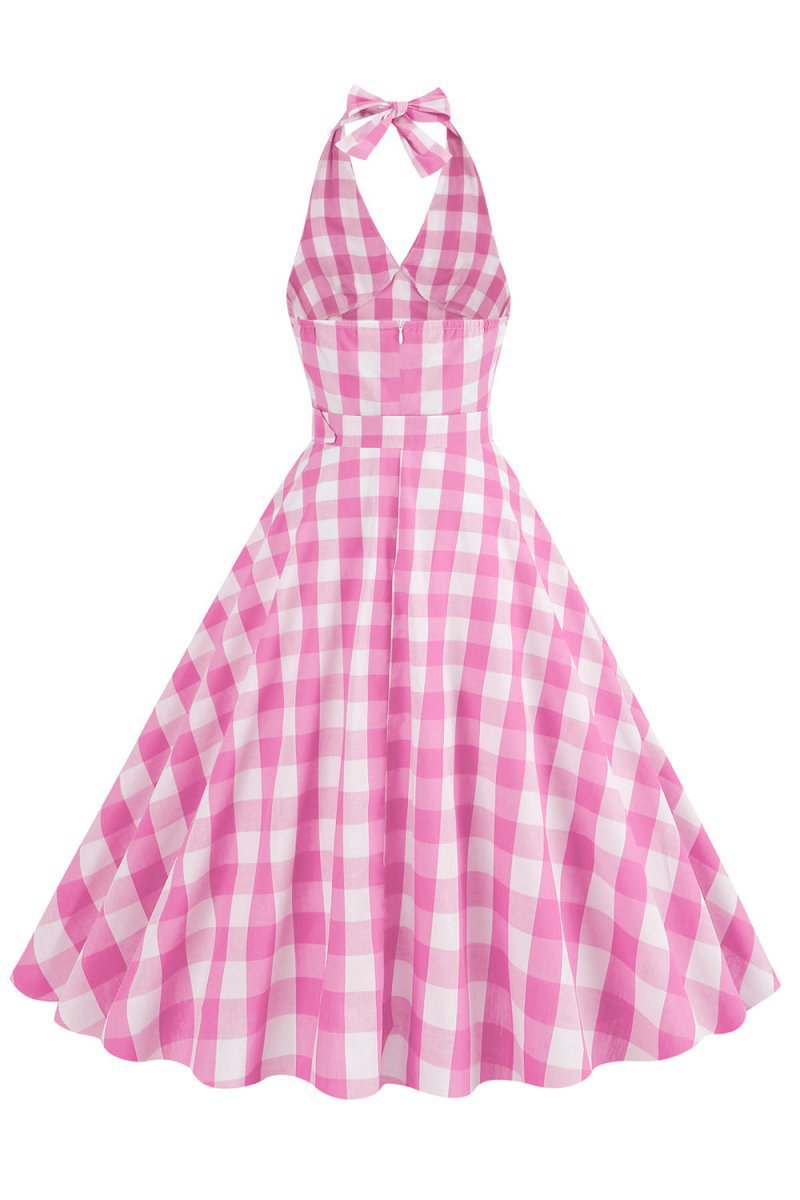 Halter Plaid Sleeveless 1950s Dresses with Belt
