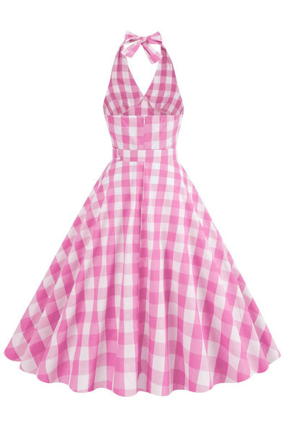Halter Plaid Sleeveless 1950s Dresses with Belt