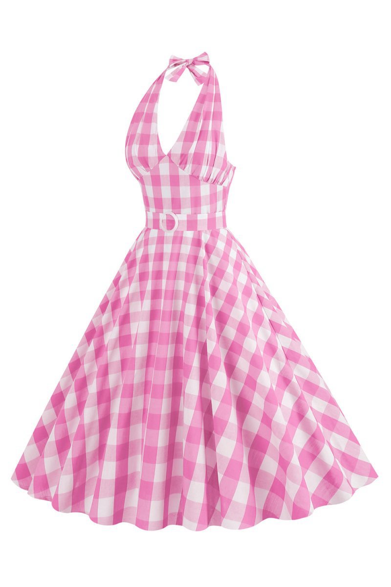 Halter Plaid Sleeveless 1950s Dresses with Belt