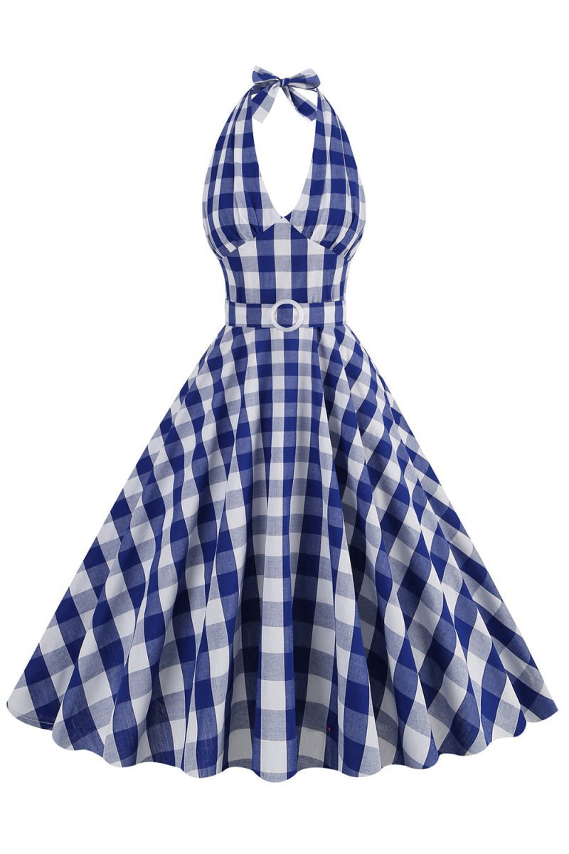 Halter Plaid Sleeveless 1950s Dresses with Belt