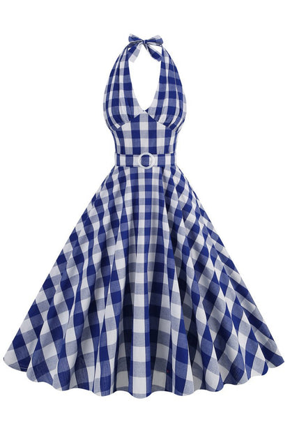 Halter Plaid Sleeveless 1950s Dresses with Belt