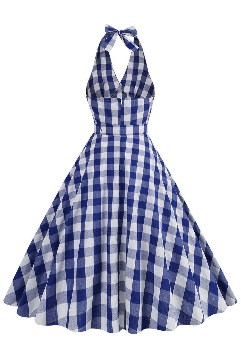 Halter Plaid Sleeveless 1950s Dresses with Belt