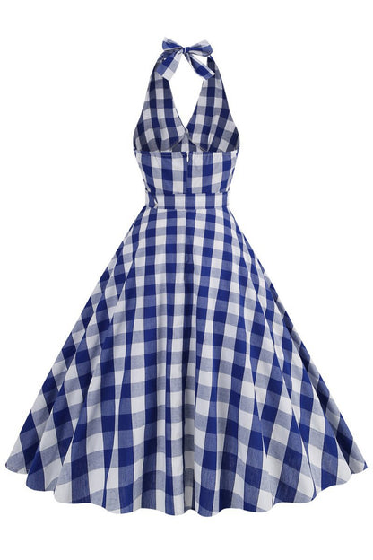Halter Plaid Sleeveless 1950s Dresses with Belt