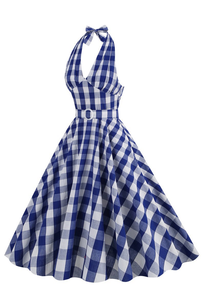 Halter Plaid Sleeveless 1950s Dresses with Belt