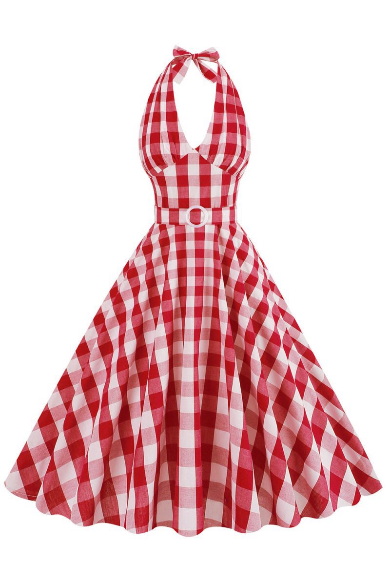 Halter Plaid Sleeveless 1950s Dresses with Belt