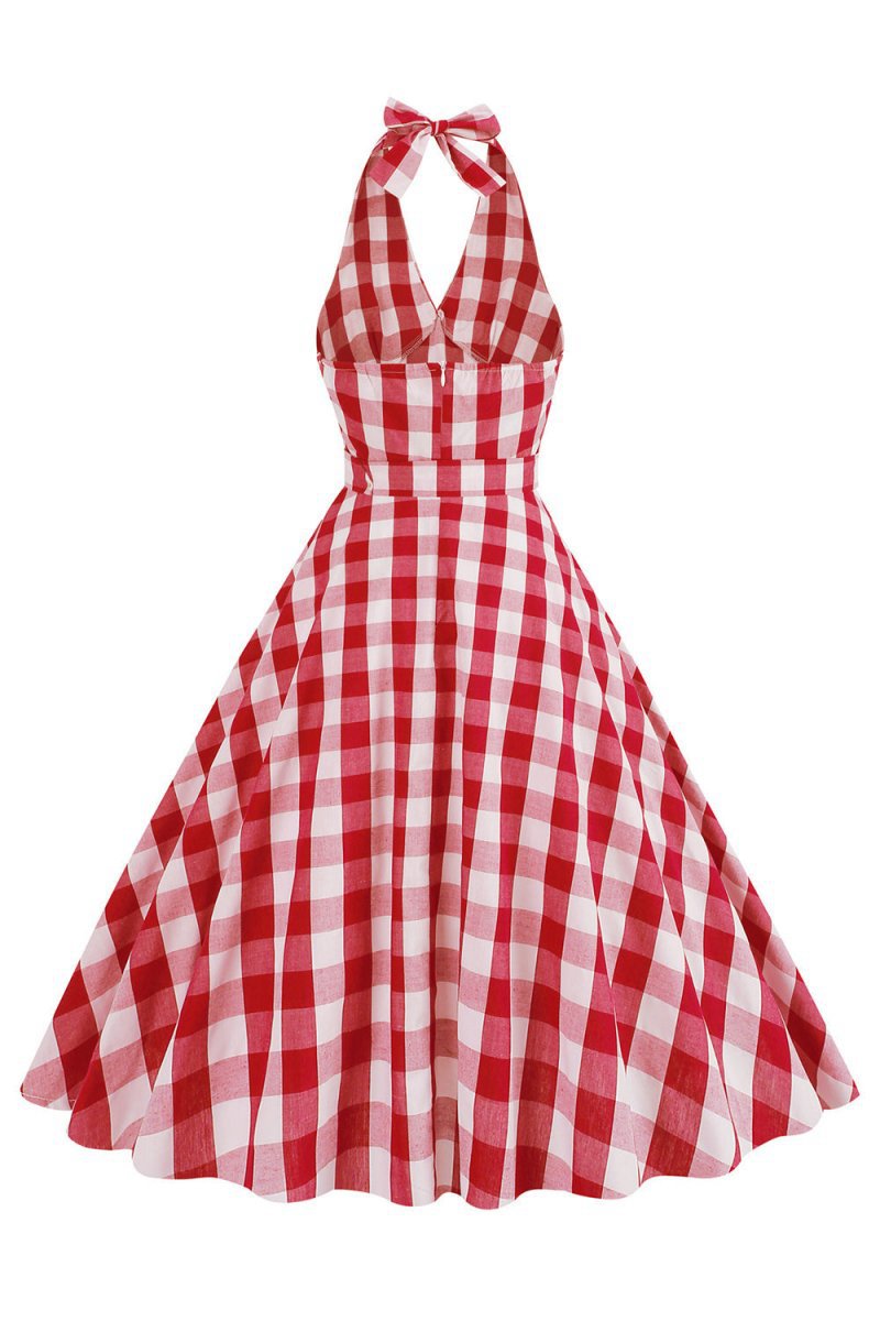 Halter Plaid Sleeveless 1950s Dresses with Belt