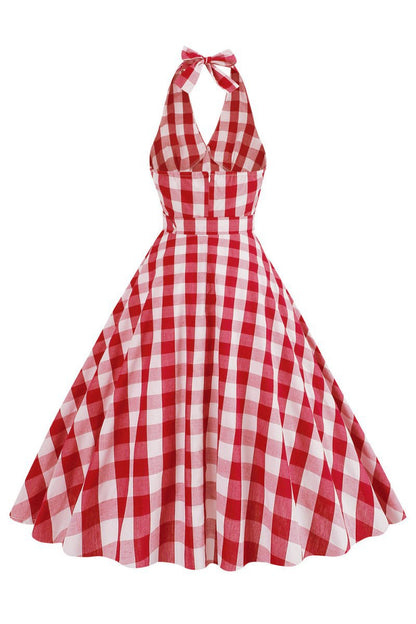 Halter Plaid Sleeveless 1950s Dresses with Belt