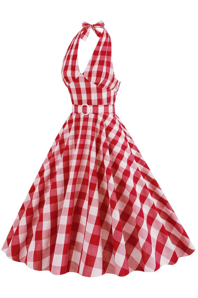 Halter Plaid Sleeveless 1950s Dresses with Belt