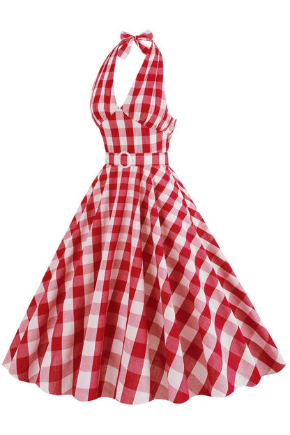 Halter Plaid Sleeveless 1950s Dresses with Belt
