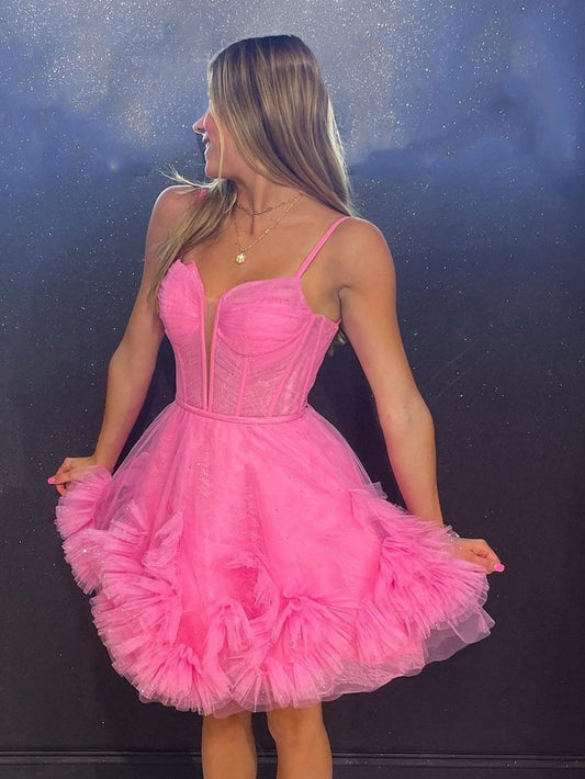 A-line V Neck Short Tulle Homecoming Dresses