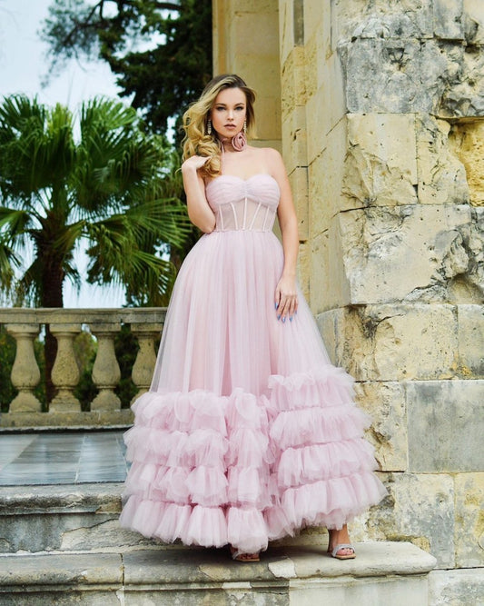 A-line Corset Strapless Tulle Prom Dresses with Ruffles