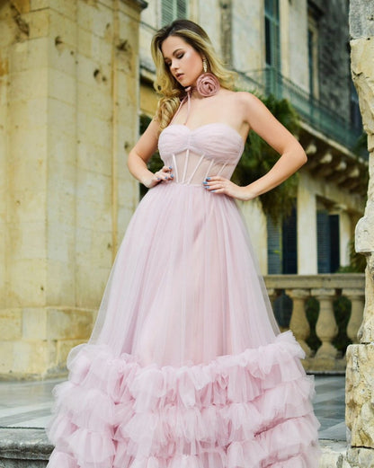 A-line Corset Strapless Tulle Prom Dresses with Ruffles