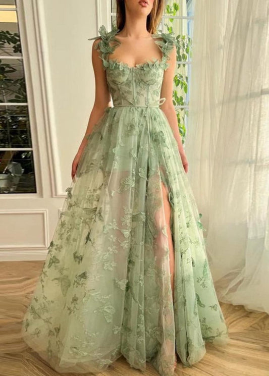 A-line Butterfly Lace Corset Prom Dresses with Slit