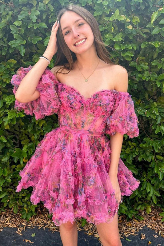 A-line Off the Shoulder Printed Homecoming Dresses
