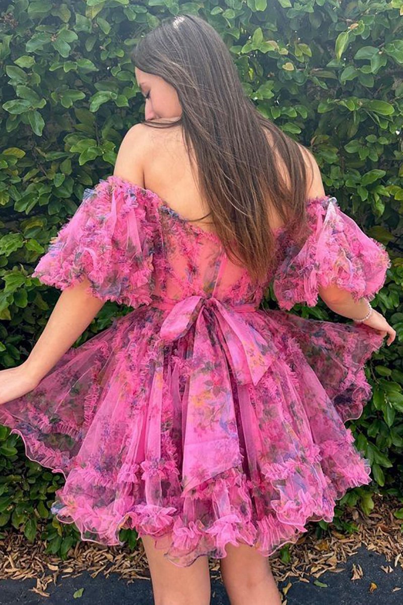 A-line Off the Shoulder Printed Homecoming Dresses