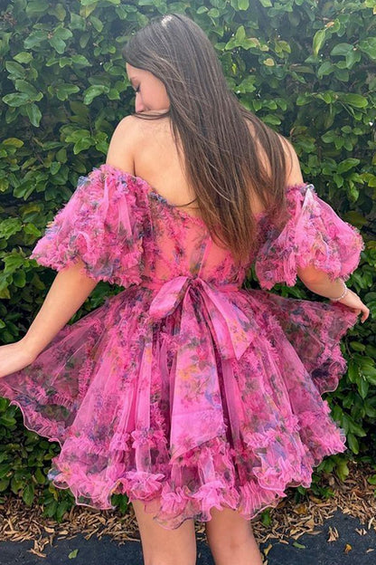 A-line Off the Shoulder Printed Homecoming Dresses