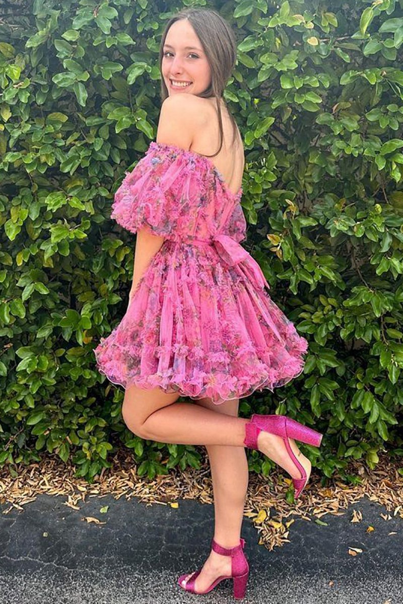 A-line Off the Shoulder Printed Homecoming Dresses