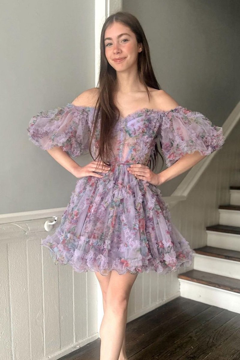 A-line Off the Shoulder Printed Homecoming Dresses