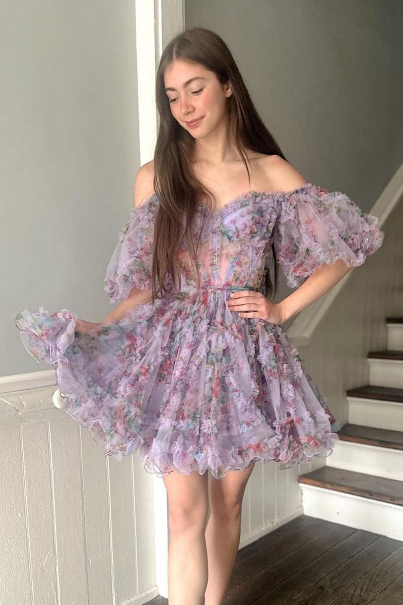 A-line Off the Shoulder Printed Homecoming Dresses
