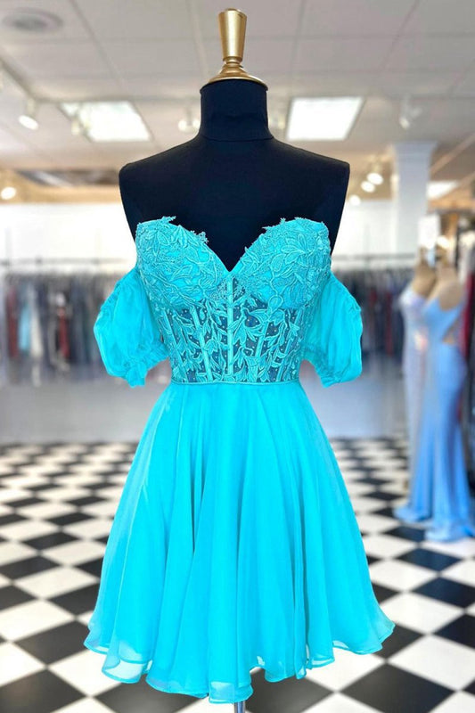 A-line Lace Off the Shoulder Homecoming Dresses with Appliques