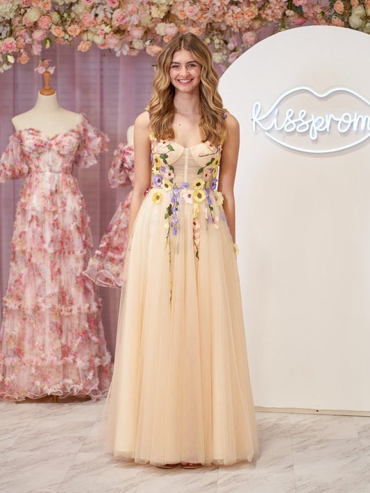A-line Corset Midi Prom Dresses with 3D Flowers