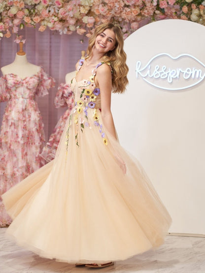 A-line Corset Midi Prom Dresses with 3D Flowers