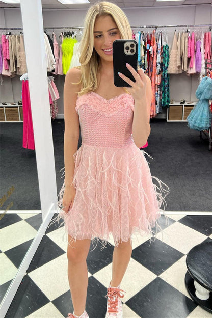 Sweetheart Grid Short homecoming Dresses with Feathers