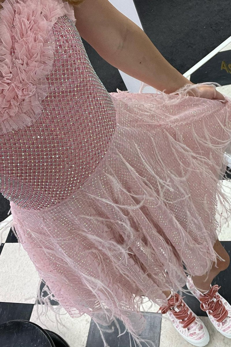 Sweetheart Grid Short homecoming Dresses with Feathers