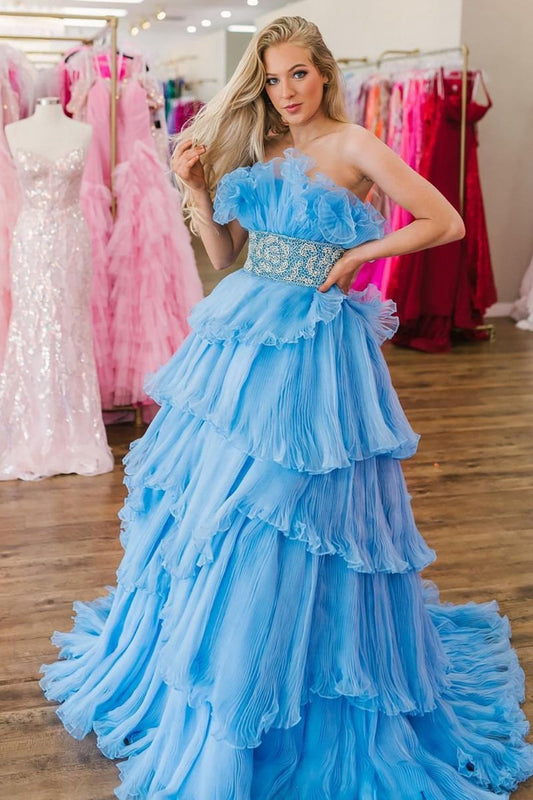 A-line Strapless Long Prom Dresses with Ruffles