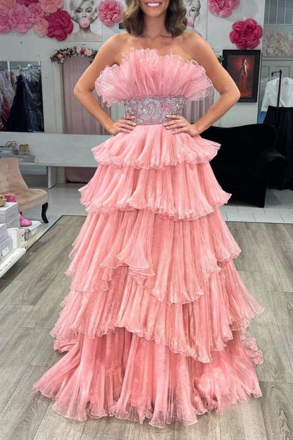 A-line Strapless Long Prom Dresses with Ruffles
