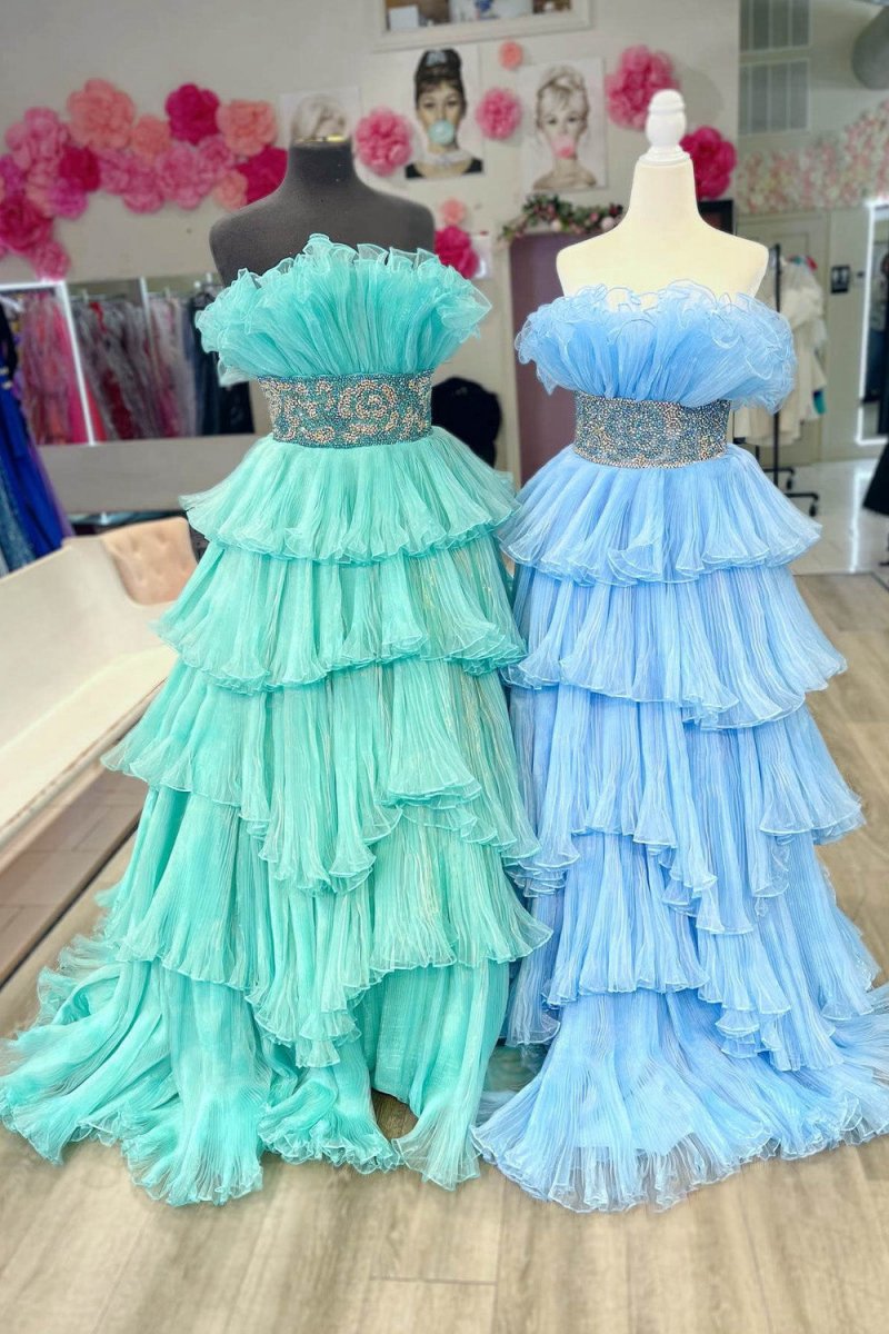 A-line Strapless Long Prom Dresses with Ruffles