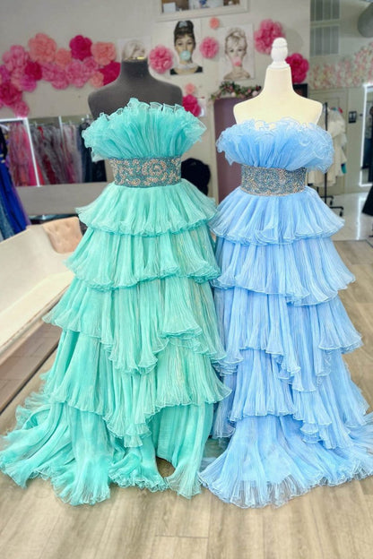 A-line Strapless Long Prom Dresses with Ruffles