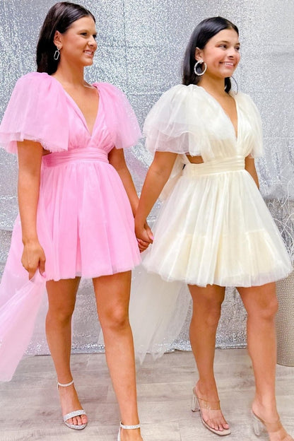 A-line Plunging V Neck Tulle Homecoming Dresses