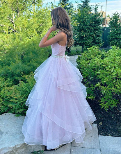 A-line V-Neck Ruffled Tulle Prom Dresses with Belt
