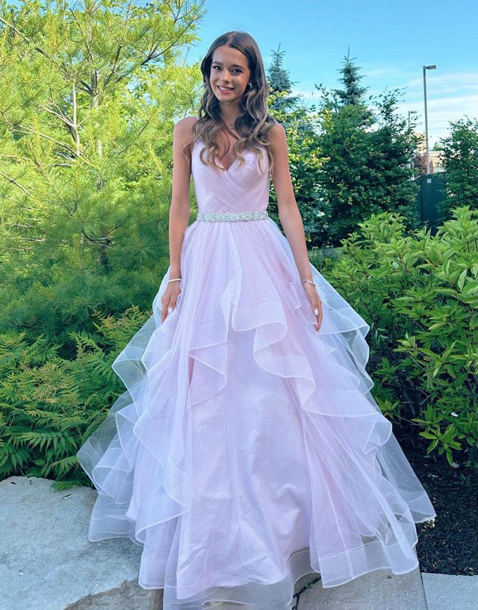 A-line V-Neck Ruffled Tulle Prom Dresses with Belt