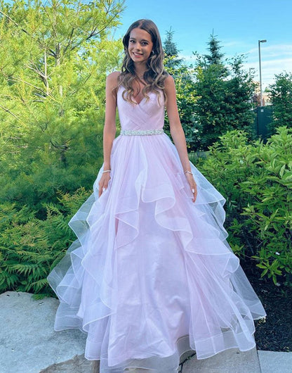 A-line V-Neck Ruffled Tulle Prom Dresses with Belt