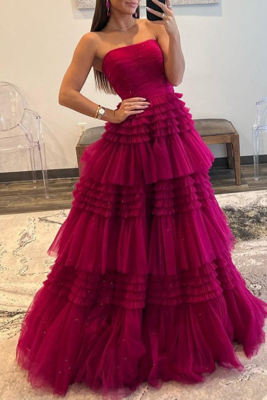 A-line Strapless Tulle Long Prom Dresses with Tie Ruffles