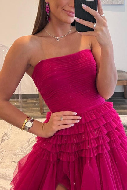 A-line Strapless Tulle Long Prom Dresses with Tie Ruffles