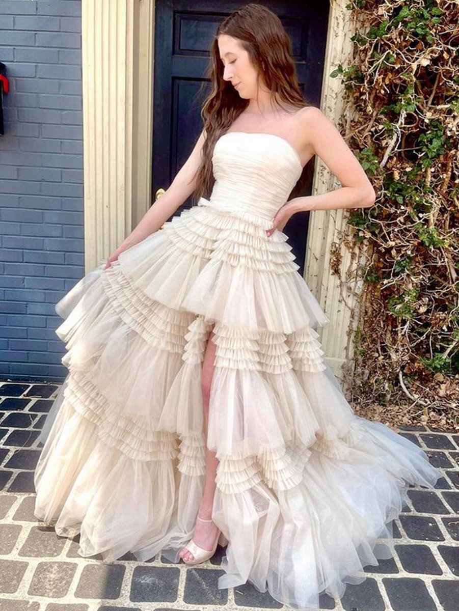 A-line Strapless Tulle Long Prom Dresses with Tie Ruffles