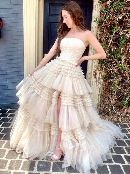 A-line Strapless Tulle Long Prom Dresses with Tie Ruffles