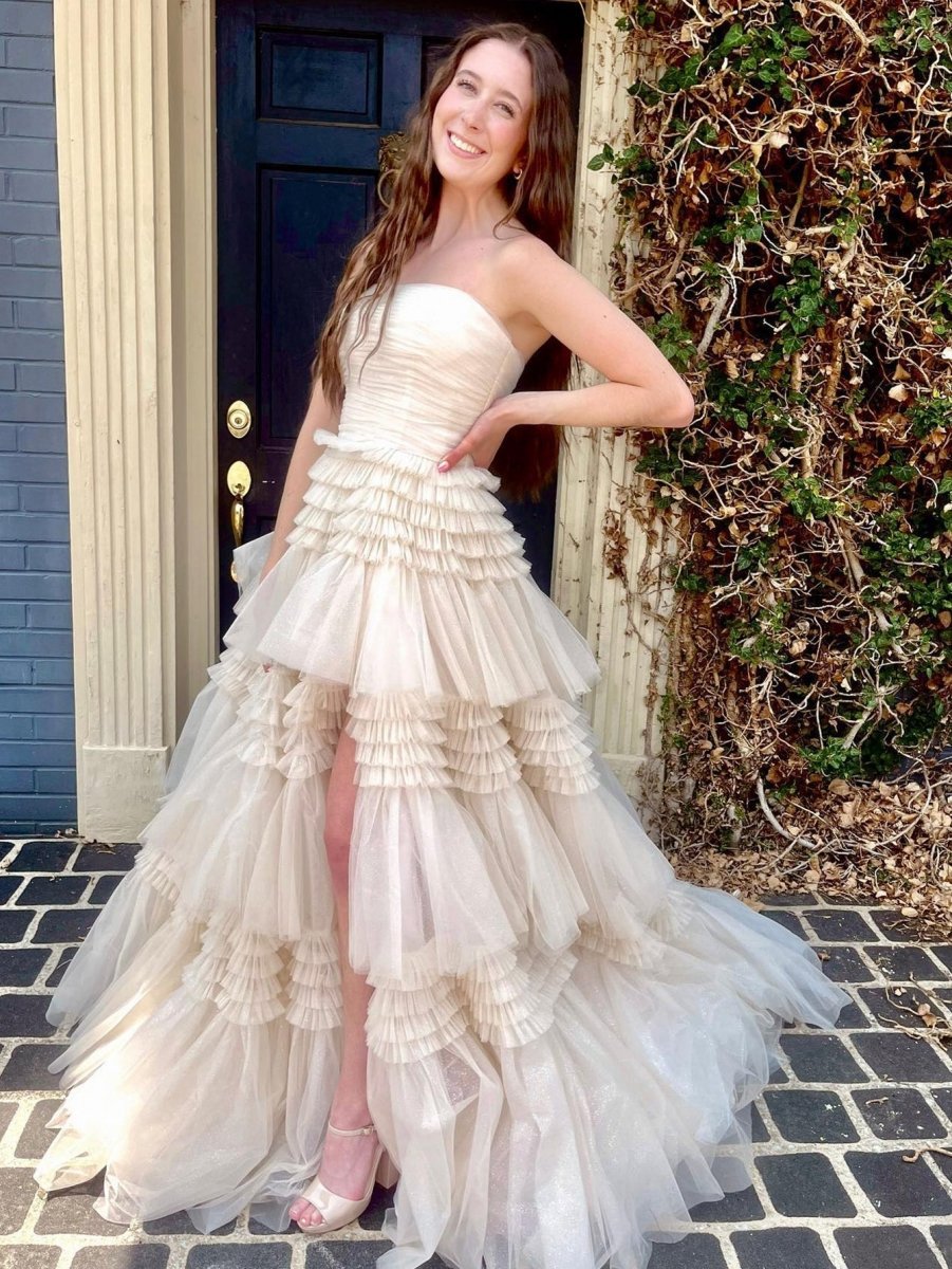 A-line Strapless Tulle Long Prom Dresses with Tie Ruffles