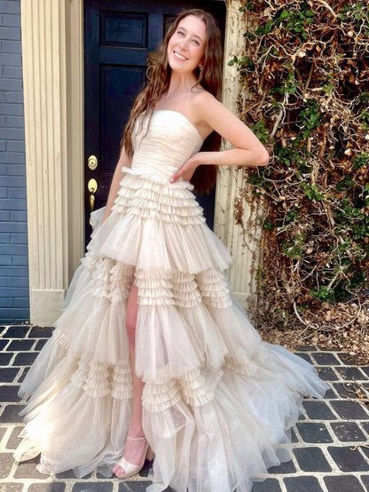 A-line Strapless Tulle Long Prom Dresses with Tie Ruffles