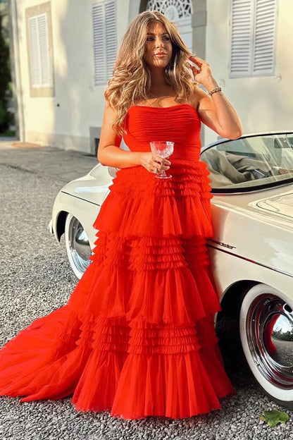 A-line Strapless Tulle Long Prom Dresses with Tie Ruffles