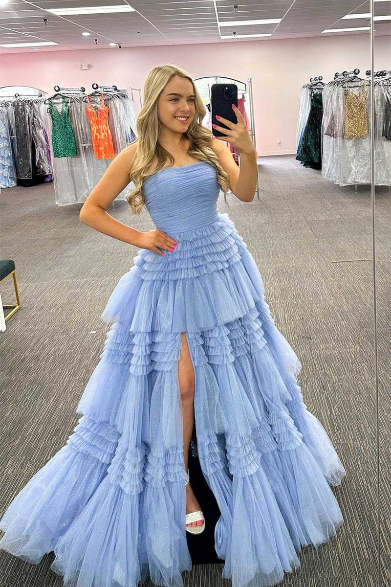 A-line Strapless Tulle Long Prom Dresses with Tie Ruffles