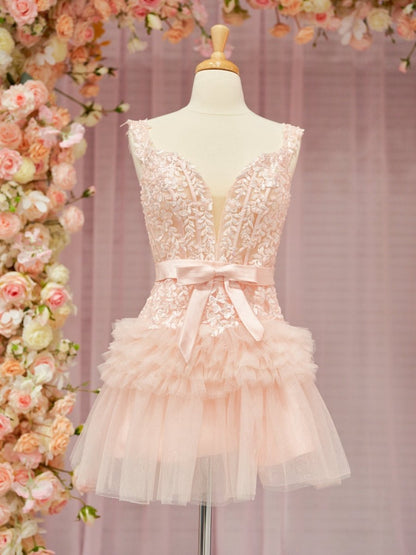 A-line Tulle Tie Short Homecoming Dresses