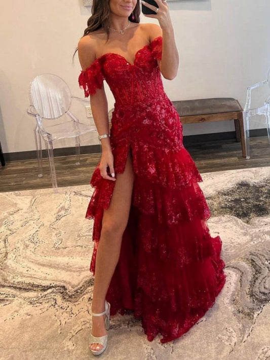 Sheath Off the Shoulder Long Lace Prom Dresses (Lace-up Back)