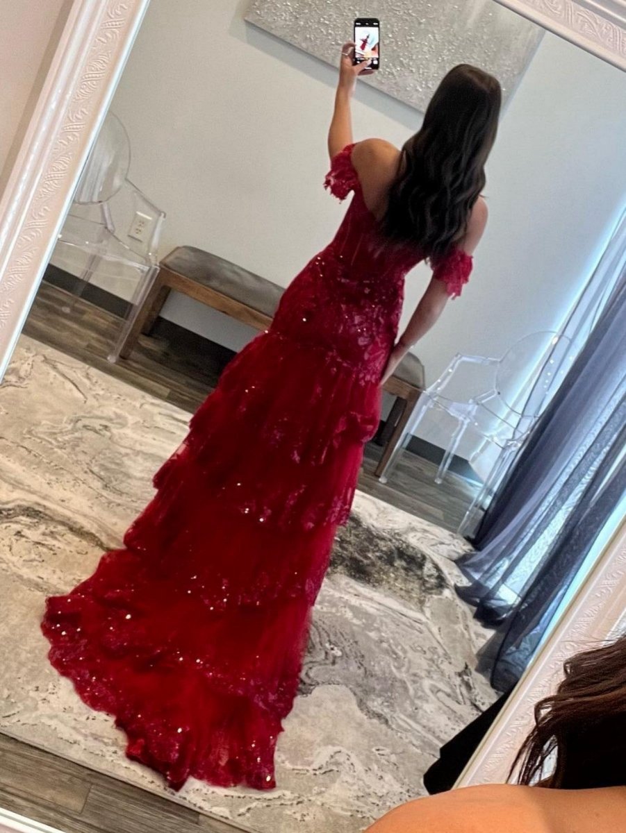 Sheath Off the Shoulder Long Lace Prom Dresses (Lace-up Back)