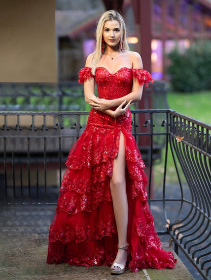 Sheath Off the Shoulder Long Lace Prom Dresses (Lace-up Back)