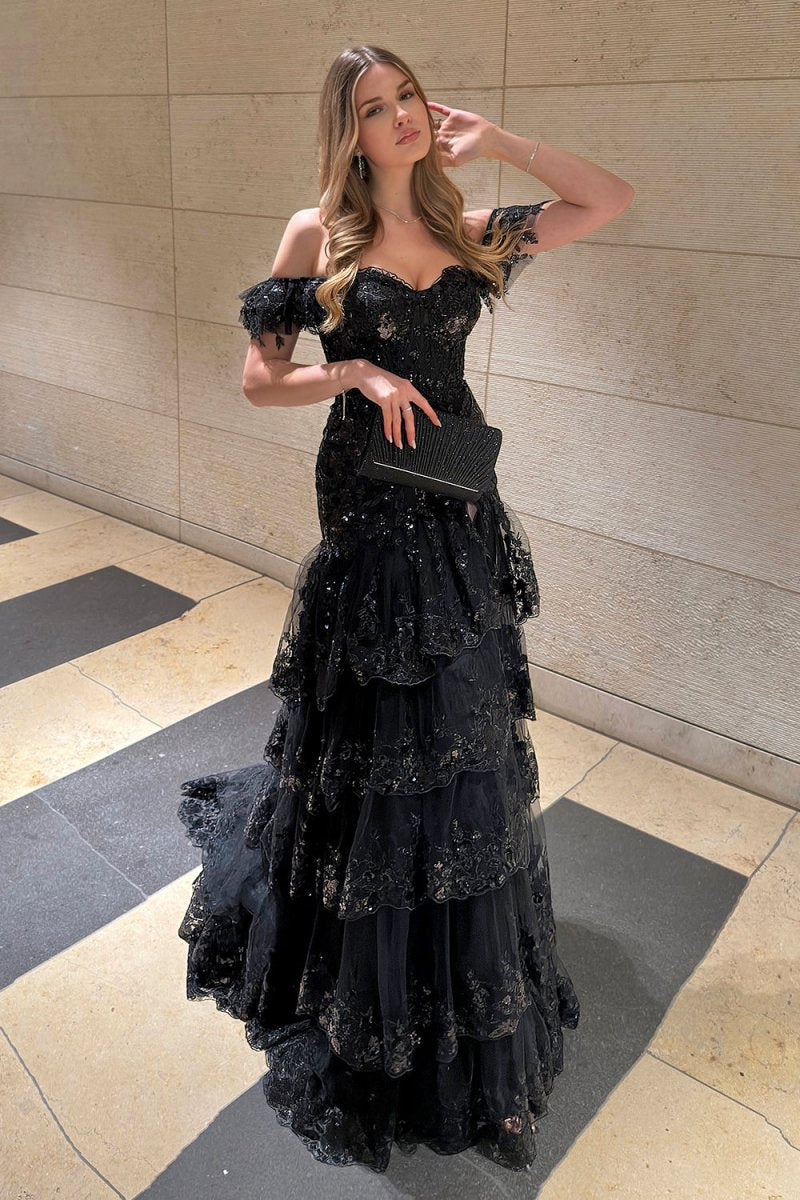 Sheath Off the Shoulder Long Lace Prom Dresses (Lace-up Back)